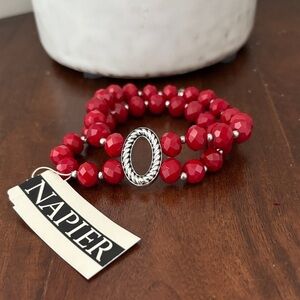 Napier Double Row acrylic red beveled beads, silver bead,oval silvertone cut out